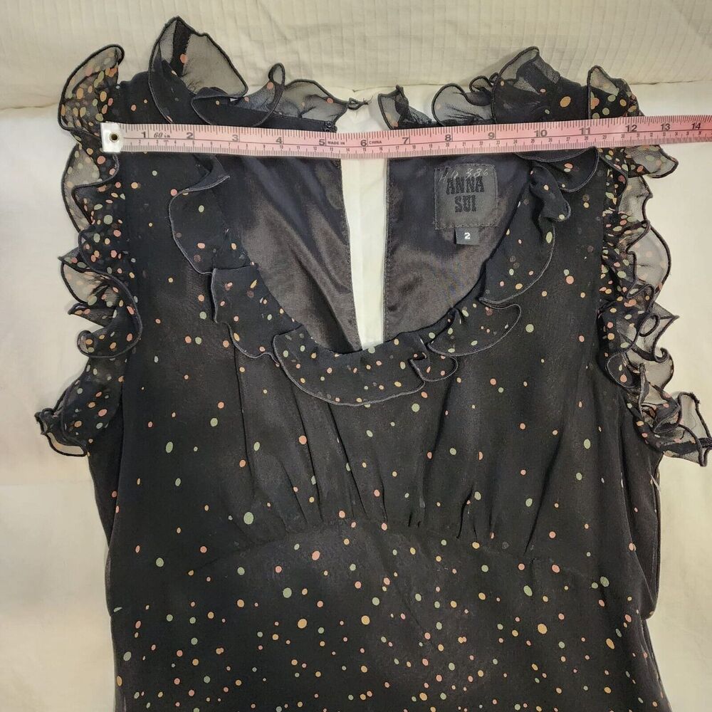ANNA SUI | ANTHROPOLOGY 100% Silk Polkadot Midi Dress Size 2 Ruffle Sleeveless - Picture 10 of 14